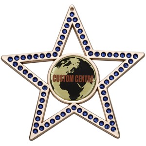 SILVER 75MM - BLUE STAR GEMSTONE CUSTOM VINYL DOMED MEDAL **SPARKLE**